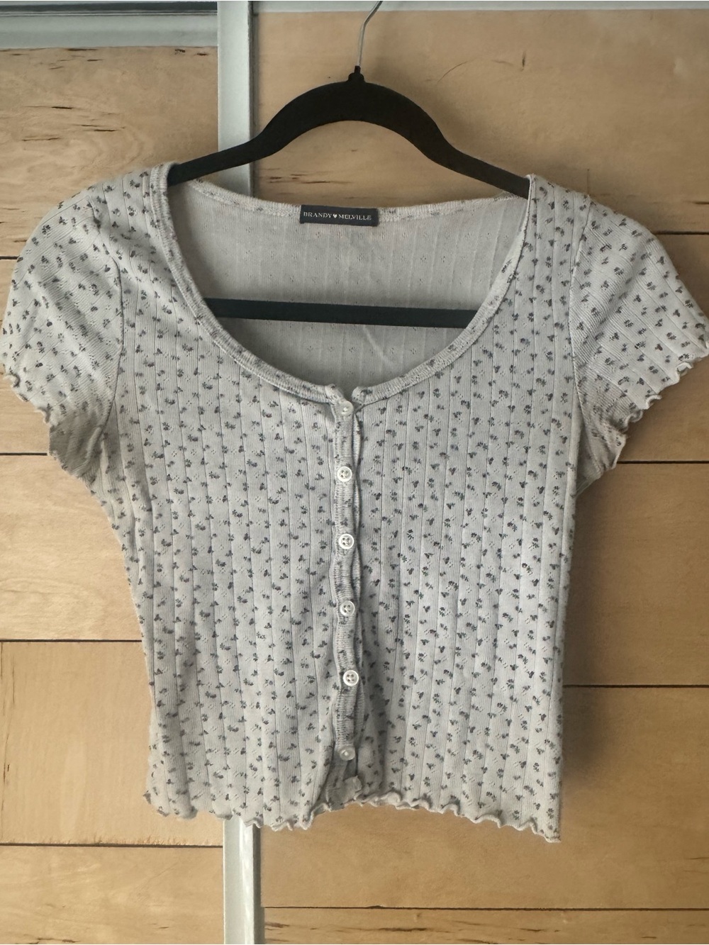 Brandy Melville Light Gray Ribbed Button-Front Crop Top with Navy Floral Print